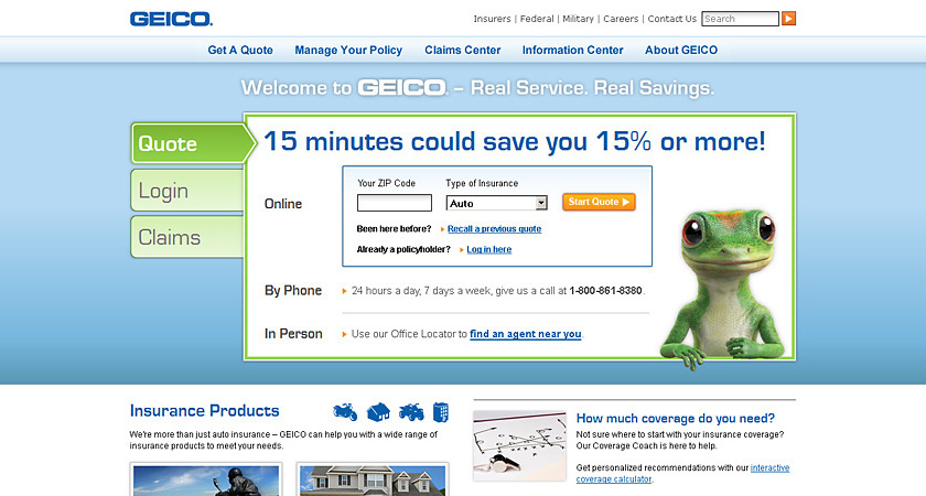 Screenshot of GEICO homepage