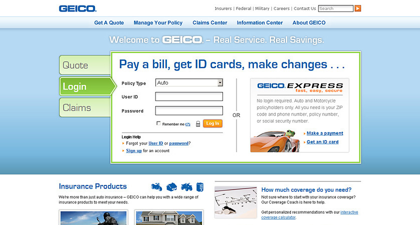 Screenshot of GEICO homepage showing policyholder login view