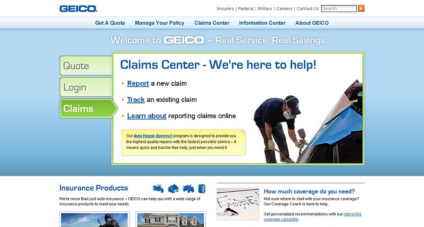 Screenshot of GEICO homepage showing claims view